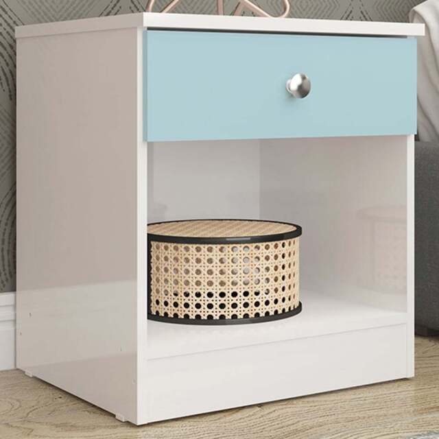 Seconique Denver Single Drawer White and Blue Gloss Bedside Table - White/Blue Gloss - Wilko - image 1