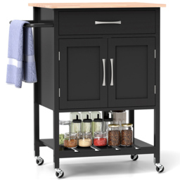 Costway Black 2 Door Single Drawer Rolling Kitchen Island Cart - Size: 97 x 55 x 16cm - Wilko - thumbnail 4