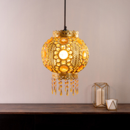 ValueLights Bazaar Moroccan Style Gold Chandelier Easy Fit Ceiling Light Shade with Jewel Droplets - Size: 35 x 27 x 27cm - Wilko - thumbnail 3