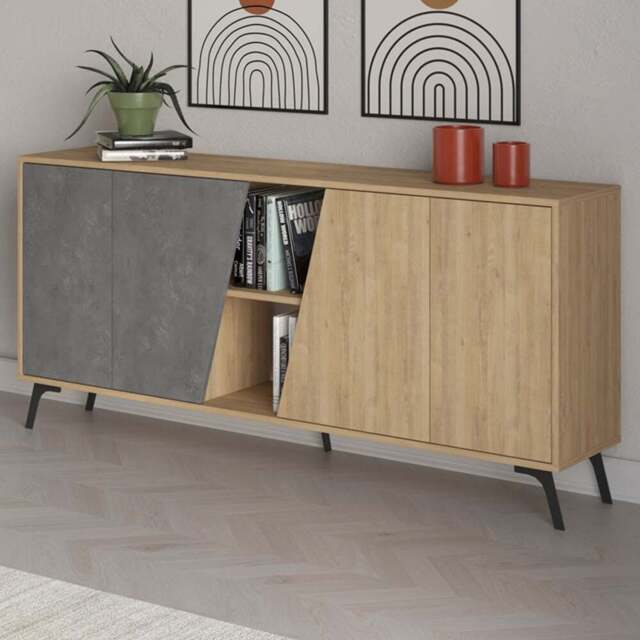 Decortie Fiona 4 Door 2 Shelf Oak and Retro Grey Sideboard - Size: 82 x 180 x 35.6cm - Multi - Wilko - image 1