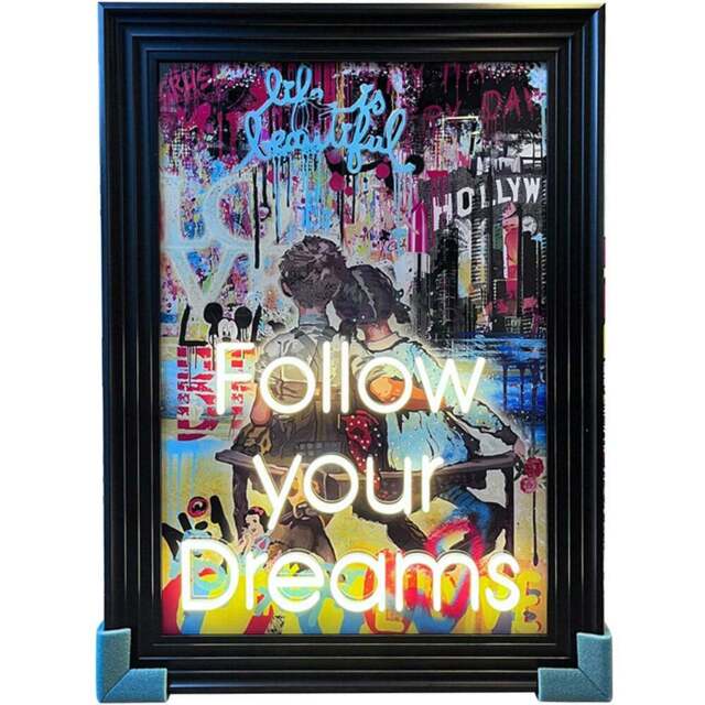 Splashbax Follow Your Dreams Black Premium Gallery Frame LED Neon Wall Art - Size: 105 x 75 x 7cm - Multi - Wilko - image 1