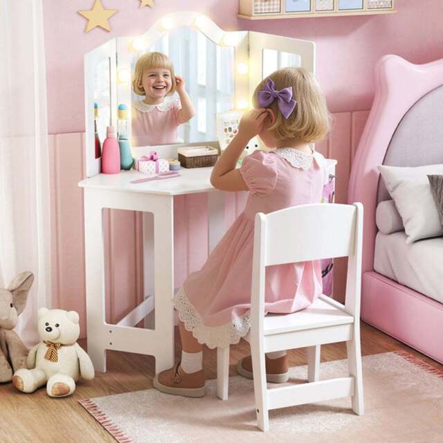 AIYAPLAY 2 Piece White LED Tri Folding Mirror Kids Vanity Table and Stool Set - Size: 111.5 x 48.5 x 93.6cm - Wilko - image 1