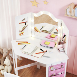 AIYAPLAY 2 Piece White LED Tri Folding Mirror Kids Vanity Table and Stool Set - Size: 111.5 x 48.5 x 93.6cm - Wilko - thumbnail 4