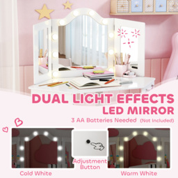 AIYAPLAY 2 Piece White LED Tri Folding Mirror Kids Vanity Table and Stool Set - Size: 111.5 x 48.5 x 93.6cm - Wilko - thumbnail 6