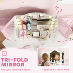 AIYAPLAY 2 Piece White LED Tri Folding Mirror Kids Vanity Table and Stool Set - Size: 111.5 x 48.5 x 93.6cm - Wilko - thumbnail 7
