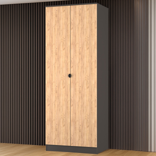 Crowndale Bora 2 Door Gold Oak and Graphite Tall Double Wardrobe - Grey - Wilko - image 1