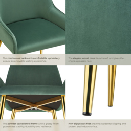 tectake Avane Set of 6 Green Velvet Look Padded Dining Chair - Wilko - thumbnail 6