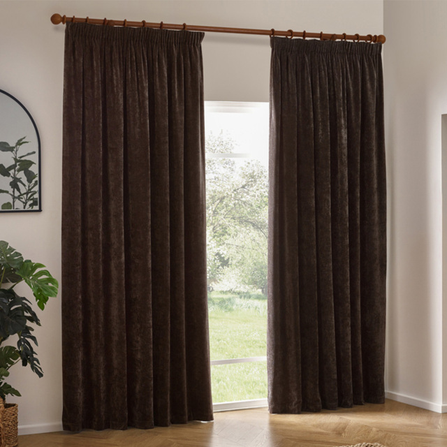 Yard Heavy Brown Chenille Velvet Pencil Pleat Curtains 117 x 183cm - Size: W 117 x D 183cm - Wilko - image 1