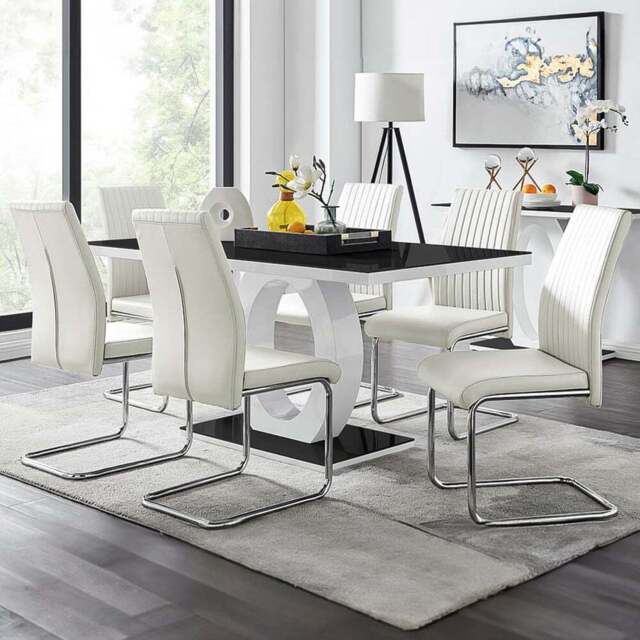 Furniturebox Lucia Fontant 6 Seater Dining Set Black Gloss White and Chrome - Wilko - image 1
