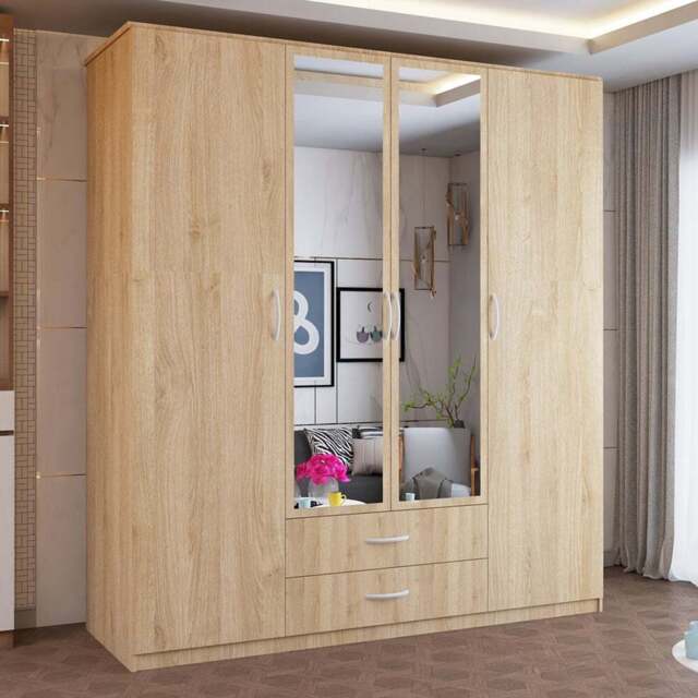 Sliding Wardrobes 4U London 4 Door 2 Drawer Oak Hinged Central Mirrored Wardrobe 171cm - Size: 4 Door, 2 Drawer - Brown - Wilko - image 1