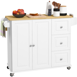 HOMCOM 2 Door 3 Drawer White Kitchen Storage Cart with Drop Leaf - Size: 15.5 x 53.5 x 111cm - Wilko - thumbnail 1
