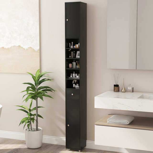 Costway 2 Door Single Drawer Black Tall Bathroom Cabinet - Size: 111.8 x 27.9 x 17.78cm - Wilko - image 1