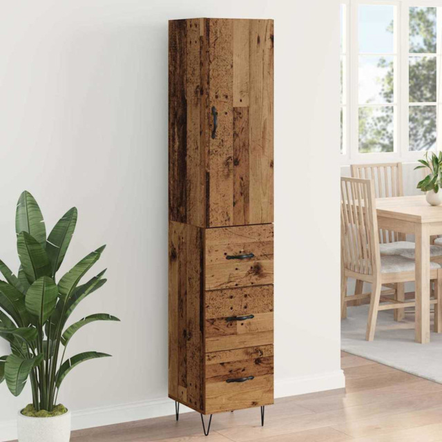 vidaXL Single Door 3 Drawer Old Wood Tall Slim Highboard - Size: 90 x 30.5 x 30cm - Brown - Wilko - image 1