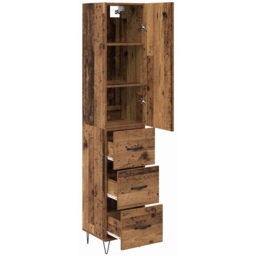 vidaXL Single Door 3 Drawer Old Wood Tall Slim Highboard - Size: 90 x 30.5 x 30cm - Brown - Wilko - thumbnail 6