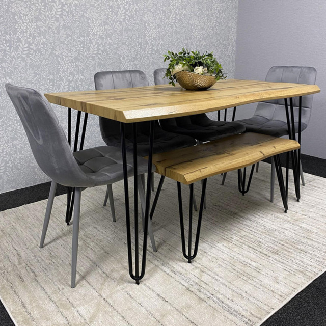 Kosy Koala 6 Seater Velvet Wooden Dining Set with Bench Grey - Multi - Wilko - image 1