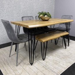 Kosy Koala 6 Seater Velvet Wooden Dining Set with Bench Grey - Multi - Wilko - thumbnail 1