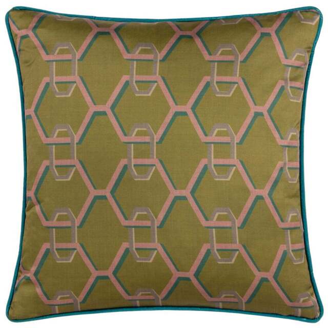 Paoletti Carnaby Olive Geometric Chain Satin Cushion - Size: 45 x 45cm - Green - Wilko - image 1