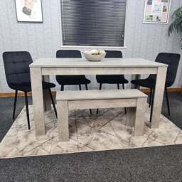 Portland Velvet 6 Seater Dining Set with Bench Stone Grey and Black - Wilko