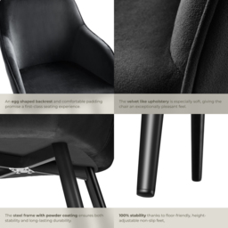 tectake Marilyn Set of 2 Black Velvet Look Padded Dining Chairs - Wilko - thumbnail 6