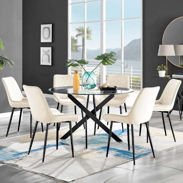 Furniturebox Arona Cesano 6 Seater Round Dining Set Cream and Black - Wilko - image 1