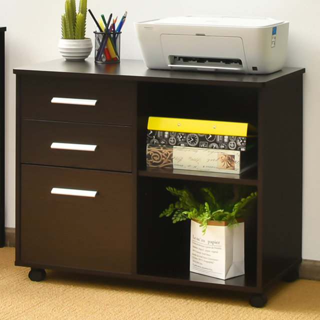 Costway 3 Drawer 2 Shelf Coffee Filing Cabinet - Size: 94 x 48 x 17cm - Brown - Wilko - image 1
