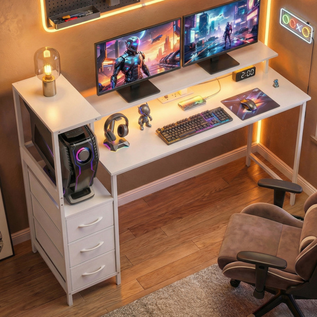 Portland 3 Drawer White Gaming Desk with Charging Station and RGB Lights - Size: 130 x 47 x 147cm - Wilko - image 1