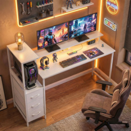 Portland 3 Drawer White Gaming Desk with Charging Station and RGB Lights - Size: 130 x 47 x 147cm - Wilko - thumbnail 4