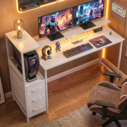 Portland 3 Drawer White Gaming Desk with Charging Station and RGB Lights - Size: 130 x 47 x 147cm - Wilko - thumbnail 1