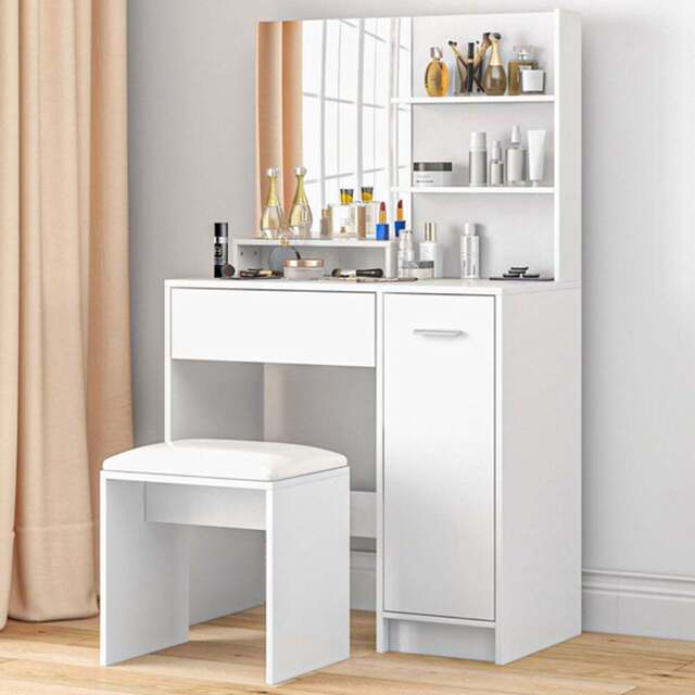 Portland Single Drawer Single Door 3 Shelf White Dressing Table Set with Mirror - Size: 132 x 40 x 80cm - Wilko - image 1