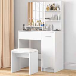 Portland Single Drawer Single Door 3 Shelf White Dressing Table Set with Mirror - Size: 132 x 40 x 80cm - Wilko - thumbnail 1