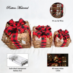 Shatchi Set of 3 Warm White LED Tartan Bow Rattan Parcels - Size: 35 x 21 x 20cm - Brown - Wilko - thumbnail 6