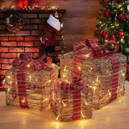 Shatchi Set of 3 Warm White LED Tartan Bow Rattan Parcels - Size: 35 x 21 x 20cm - Brown - Wilko - thumbnail 3