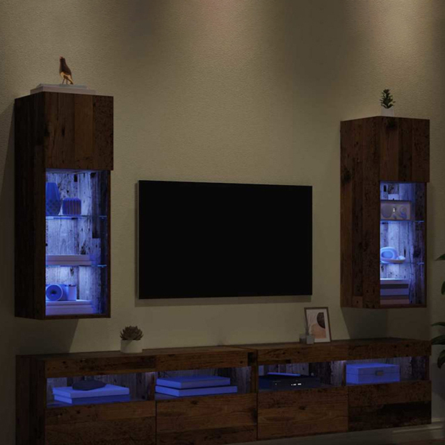 vidaXL Single Door 3 Shelf Old Wood Wall Mounted LED TV Unit Set of 2 - Size: 225 x 42.5 x 70cm - Brown - Wilko - image 1