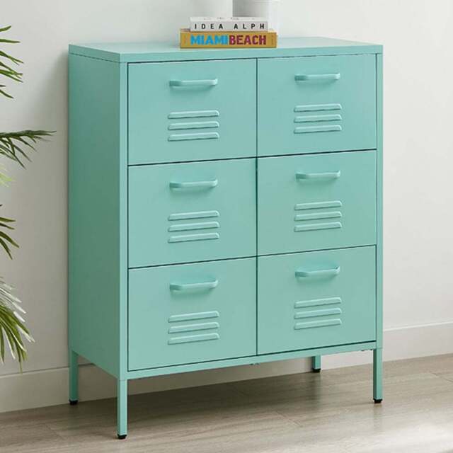 Furniturebox Theo 6 Drawer Light Blue Metal Sideboard - Size: 40 x 80 x 101.5cm - Wilko - image 1