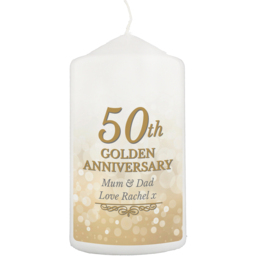 Personalised Memento Personalised 50th Golden Anniversary Pillar Candle - Size: 0.7 x 1.3 x 0.7cm - White - Wilko - thumbnail 1