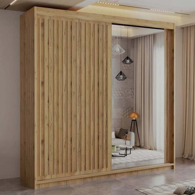 Sliding Wardrobes 4U Royal 2 Door Oak Minimalist Mirrored Wardrobe 203cm - Brown - Wilko - image 1