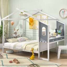 Costway Double Montessori Wooden House Bed Frame - White - Wilko - thumbnail 1