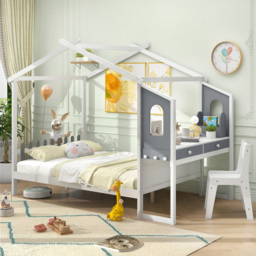 Costway Double Montessori Wooden House Bed Frame - White - Wilko - thumbnail 4