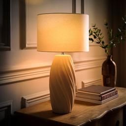 ValueLights Lydia Natural Linen Drum Lamp Shade Tall Swirl Natural LED Table Lamp - Size: 59 x 32 x 32cm - Cream - Wilko - thumbnail 7