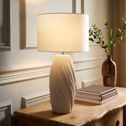 ValueLights Lydia Natural Linen Drum Lamp Shade Tall Swirl Natural LED Table Lamp - Size: 59 x 32 x 32cm - Cream - Wilko - thumbnail 3
