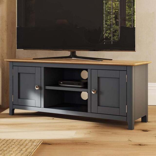 FWStyle Taberno 2 Door 2 Shelf Graphite Blue and Oak Wide TV Unit - Size: 44 x 110 x 35cm - Wilko - image 1