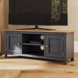 FWStyle Taberno 2 Door 2 Shelf Graphite Blue and Oak Wide TV Unit - Size: 44 x 110 x 35cm - Wilko - thumbnail 1