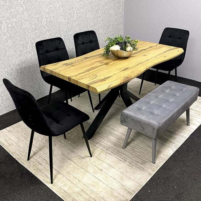 Kosy Koala 6 Seater Reinforced Wood and Velvet Dining Table Set with Bench Black and Grey - Brown - Wilko - image 1