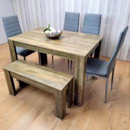 Portland 6 Seater Dining Set Rustic Effect and Grey Leather with Bench - Multi - Wilko - thumbnail 1