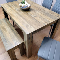 Portland 6 Seater Dining Set Rustic Effect and Grey Leather with Bench - Multi - Wilko - thumbnail 5