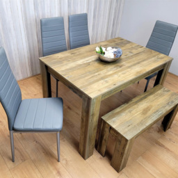 Portland 6 Seater Dining Set Rustic Effect and Grey Leather with Bench - Multi - Wilko - thumbnail 3