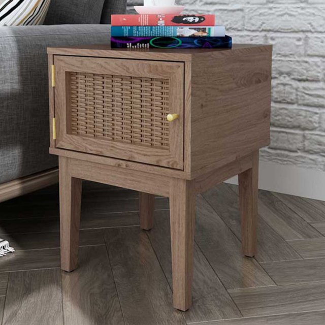 Bordeaux Single Door Oak Rattan Bedside Table - Size: Single Drawer - Brown - LPD Home - Wilko - image 1