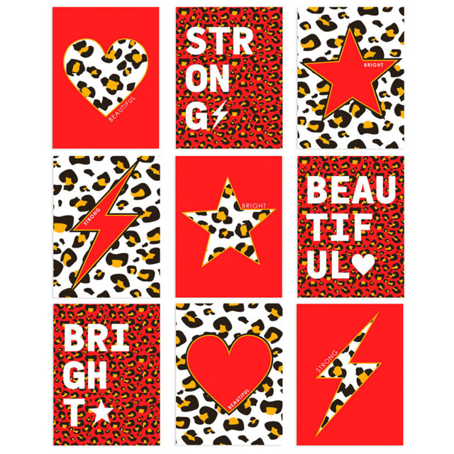 Wee Blue Coo Red and Orange Leopard Pattern Heart Lightning Star Wall Art Print 30 x 41cm 9 Pack - Size: 40.5 x 30.5 x 0.3cm - Wilko - image 1