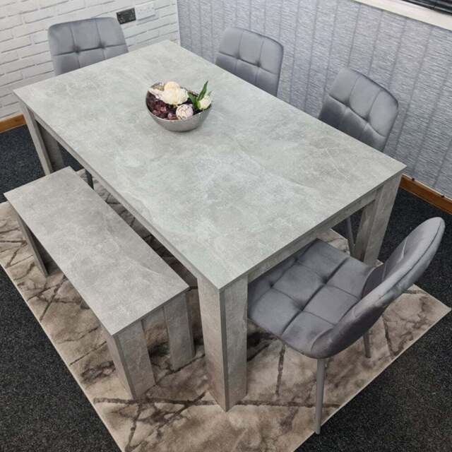 Portland Velvet 6 Seater Dining Set with Bench Stone Grey and Grey - Wilko - image 1