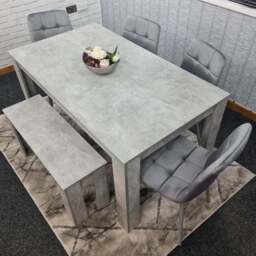 Portland Velvet 6 Seater Dining Set with Bench Stone Grey and Grey - Wilko - thumbnail 1